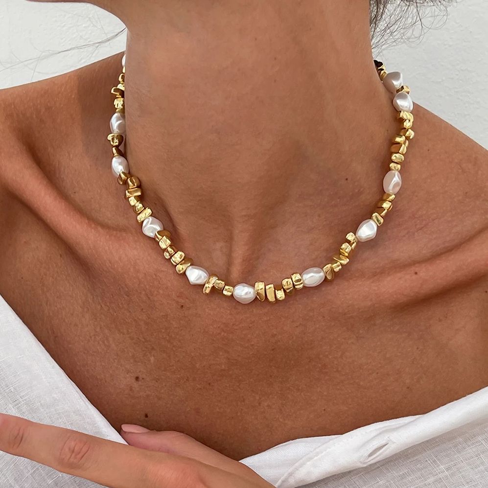Pearl Choker Necklace Vintage - สร้อยคอโชคเกอร์มุกเทียม KunJoe ดีไซน์หรูหรา สไตล์เรโทร สีทอง ประดับลูกปัดอะคริลิก