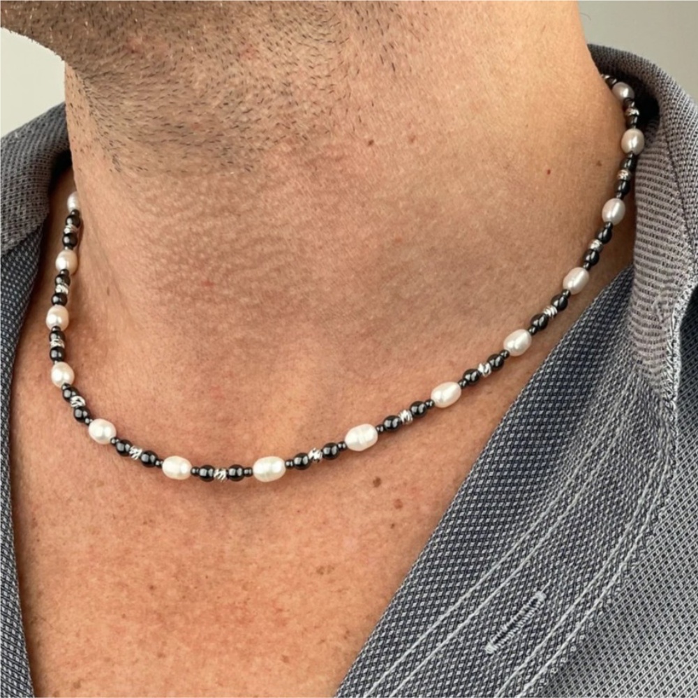 Pearl Choker Necklace Vintage - สร้อยคอไข่มุกบาโรกหินธรรมชาติสีดำสไตล์เรโทร สร้อยคอผู้ชายแบบเรียบง่าย สร้อยคอแฟชั่น เครื่องประดับอินเทรนด์