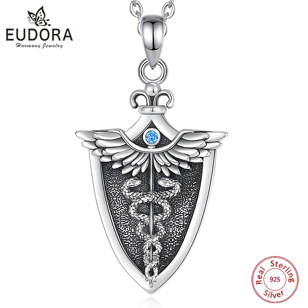 925 Sterling Silver Chain Necklace Men - Eudora สร้อยคอคาดูเชียสเงินสเตอร์ลิง925แท้จี้งูคู่จี้สัญลักษณ์ทางการแพทย์เครื่องประดับสำหรับผู้ชายผู้หญิงของขวัญ