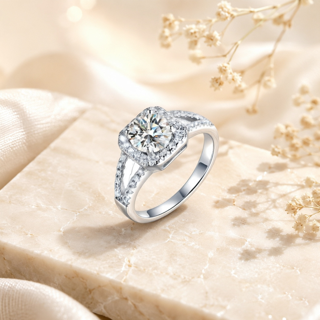 แหวนเพชรโมอิสซาไนท์ 1 กะรัต เง - Moissanite Engagement Ring 1 Carat บทวิจารณ์และราคา